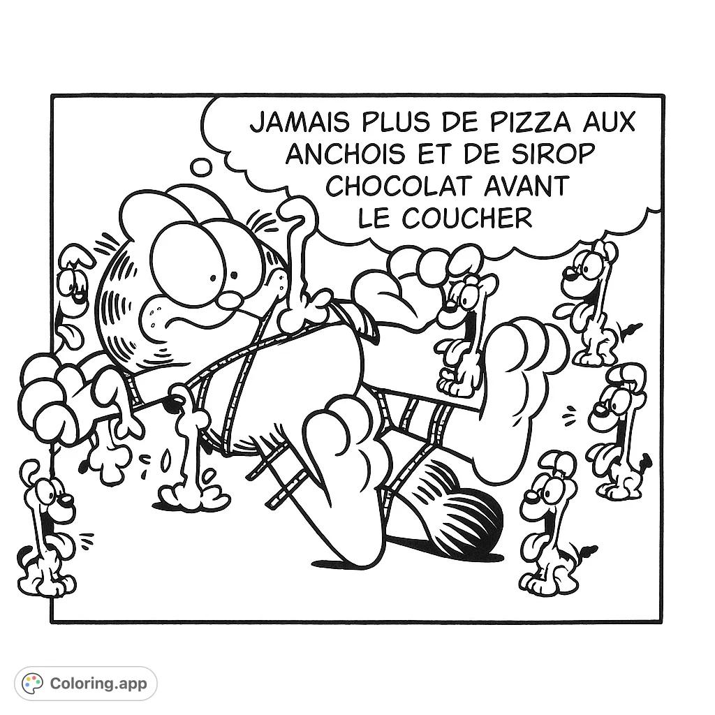 A humorous cartoon animal coloring page featuring a large, distressed cat tied up by numerous small, playful dogs. Perfect for funny animal coloring page fans!