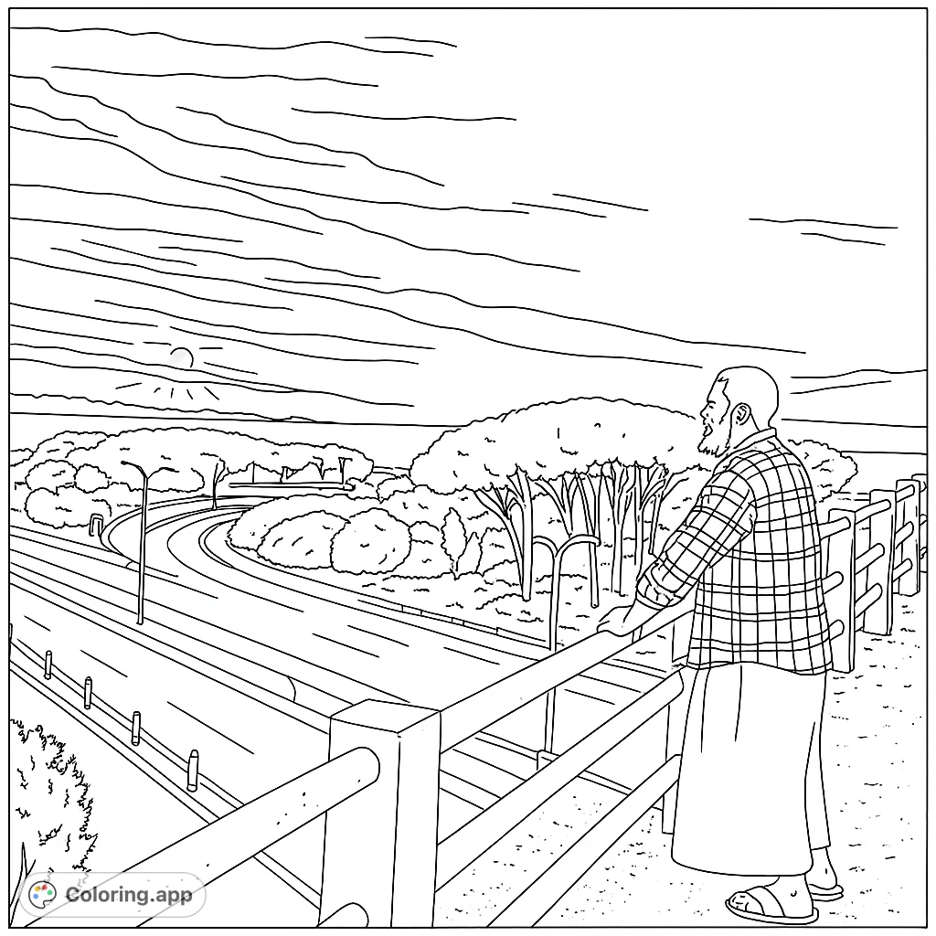 A man stands on a bridge overlooking a winding road, lush trees, and a distant horizon with a setting sun. A scenic travel coloring page.