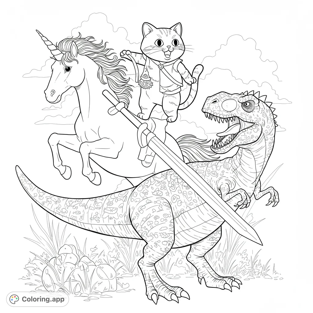 Join a brave cat on a unicorn, sword in paw, facing a roaring T-Rex! A whimsical adventure free printable coloring page for all ages.