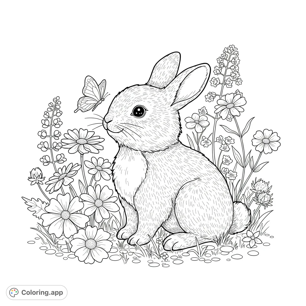 An adorable rabbit sits among blooming flowers, with a delicate butterfly fluttering nearby. A charming nature scene perfect for a relaxing coloring experience.