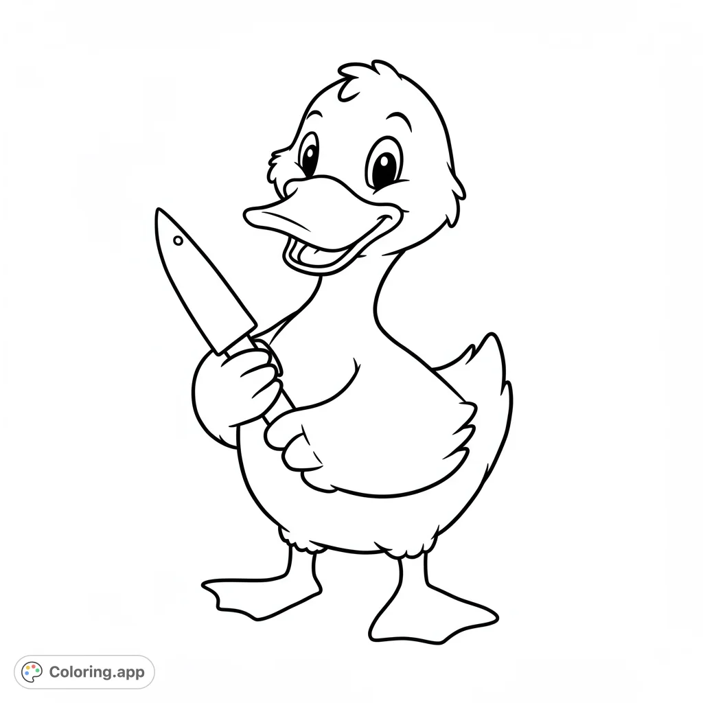 A charming, smiling duck holds a kitchen knife, ready for a fun and quirky coloring adventure. A free printable duck coloring page for all ages.