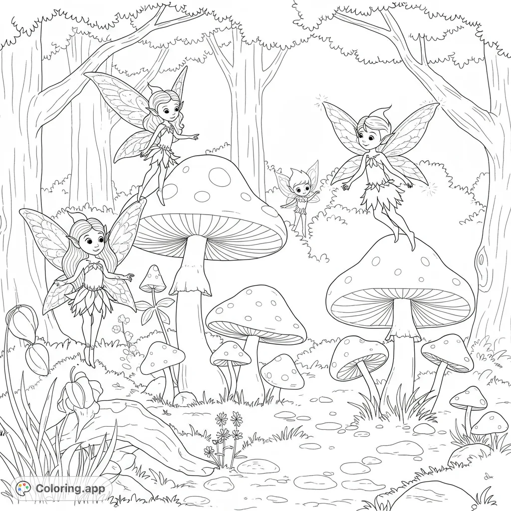 Enchanting fairy forest scene with whimsical fairies on spotted mushrooms, surrounded by magical trees and flowers. A free printable fantasy coloring page for kids and adults.
