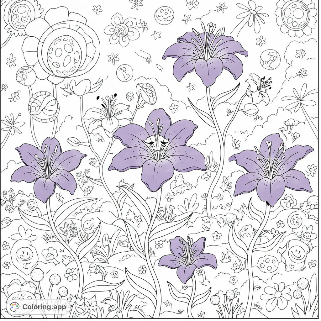 Explore a whimsical garden with sleepy lilies and fantastical flowers. A free printable whimsical garden coloring page for kids and adults to enjoy!