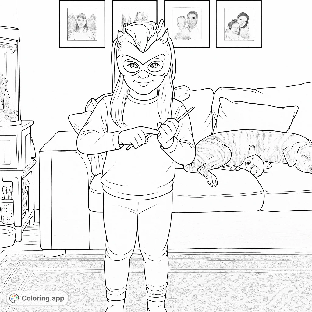 A young girl in a superhero mask holds a wand, ready for adventure, with a sleeping dog on a sofa and framed pictures in the background.