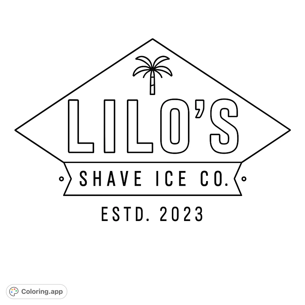 A tropical emblem coloring page featuring a diamond shape, a palm tree, and a banner, perfect for creative expression.