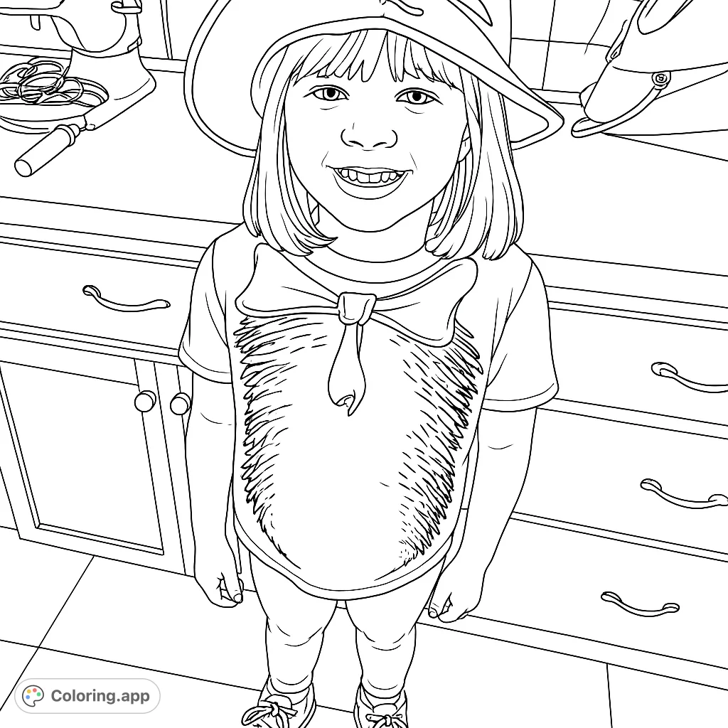 A delightful girl in a wide-brimmed hat and a fun bow-tie shirt, smiling in a kitchen setting. A charming free printable coloring page for kids.