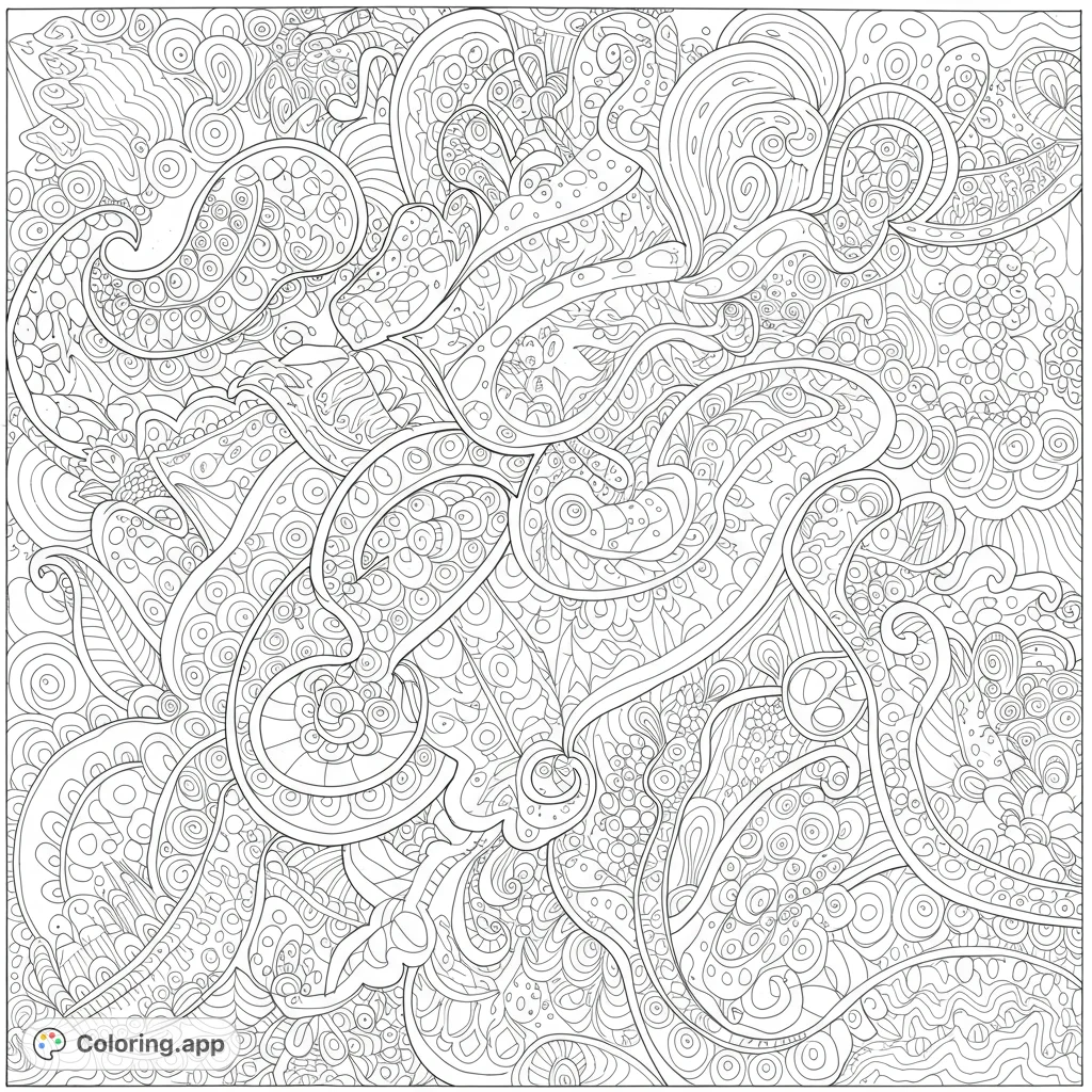 Complex abstract pattern with swirling lines and intricate details, perfect for mindful coloring and stress relief.