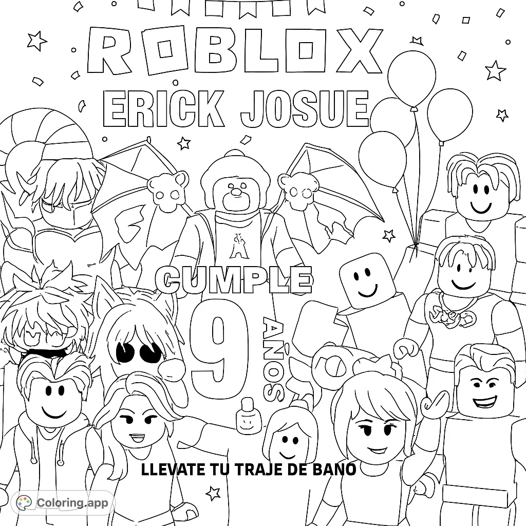 Dive into a fun Roblox-themed coloring page featuring blocky avatars, balloons, and confetti. A free printable for kids and fans!