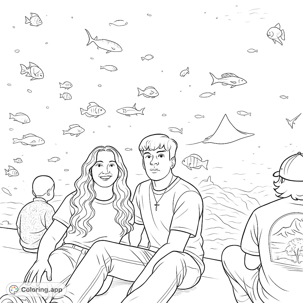A family enjoys a vibrant aquarium, observing diverse fish and a majestic manta ray. Perfect for an engaging underwater adventure coloring page.