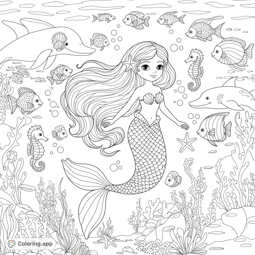 Dive into an enchanting undersea world with a beautiful mermaid, playful dolphins, and a variety of friendly fish, perfect for a magical coloring escape.