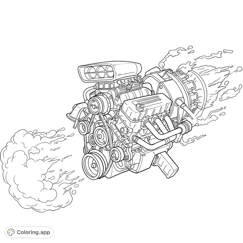 Unleash your creativity with this high-performance engine coloring page, featuring a supercharger, jet thruster, and dynamic flames. A free printable coloring page for enthusiasts.