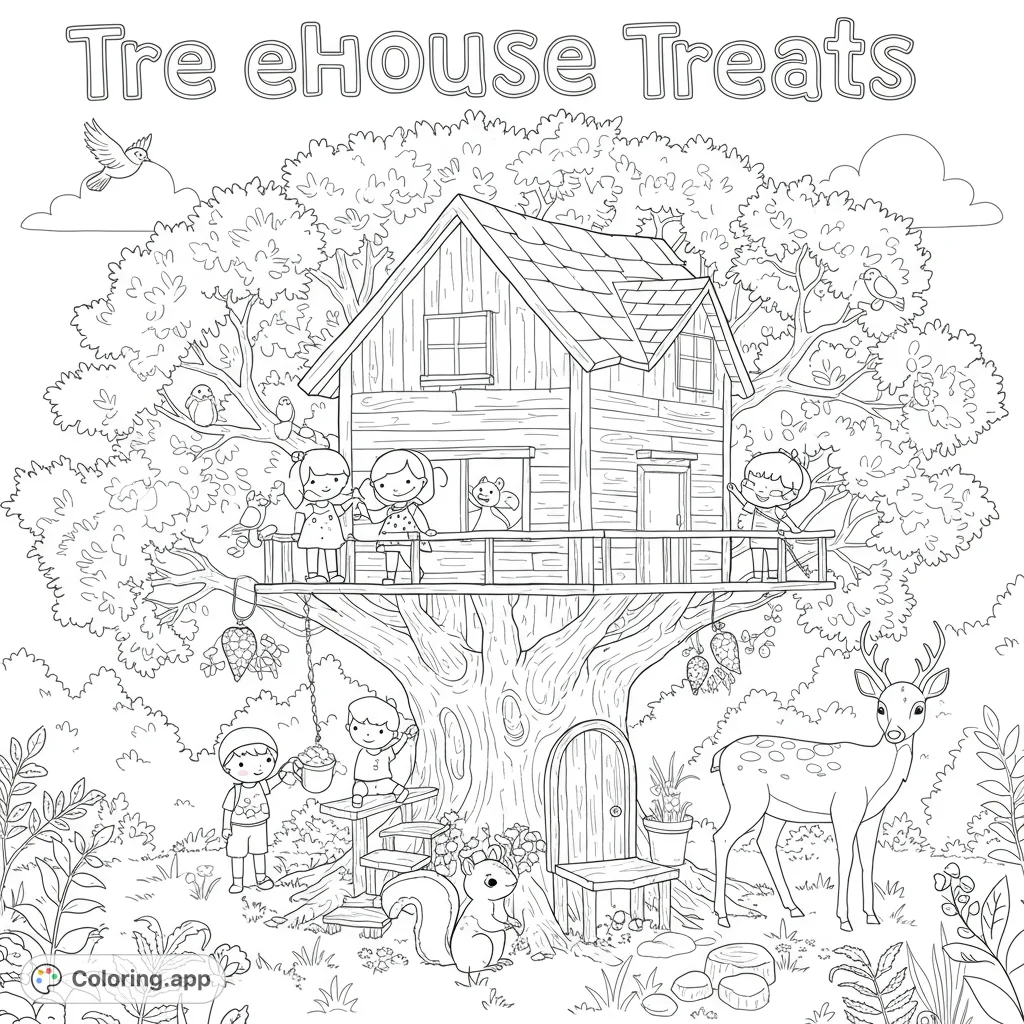Explore a charming treehouse scene with happy kids, playful animals, and lush nature. A delightful free printable treehouse coloring page for all ages!