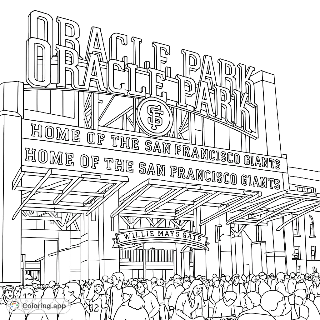 Iconic Oracle Park entrance with bold signs and a bustling crowd. A free printable baseball stadium coloring page for fans of all ages.