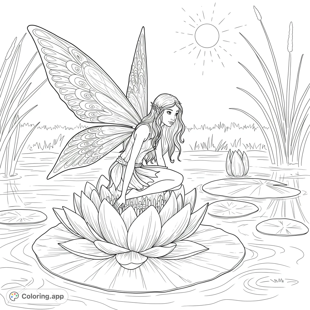 A beautiful fairy kneels on a large water lily in a serene pond, surrounded by lily pads and tall reeds under a gentle sun. Perfect for fantasy lovers!