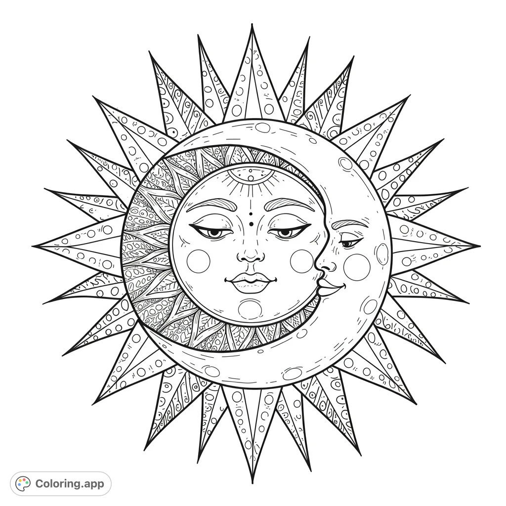 A mystical celestial sun and moon embrace, surrounded by intricate patterned rays. A free printable sun and moon coloring page for kids and adults.