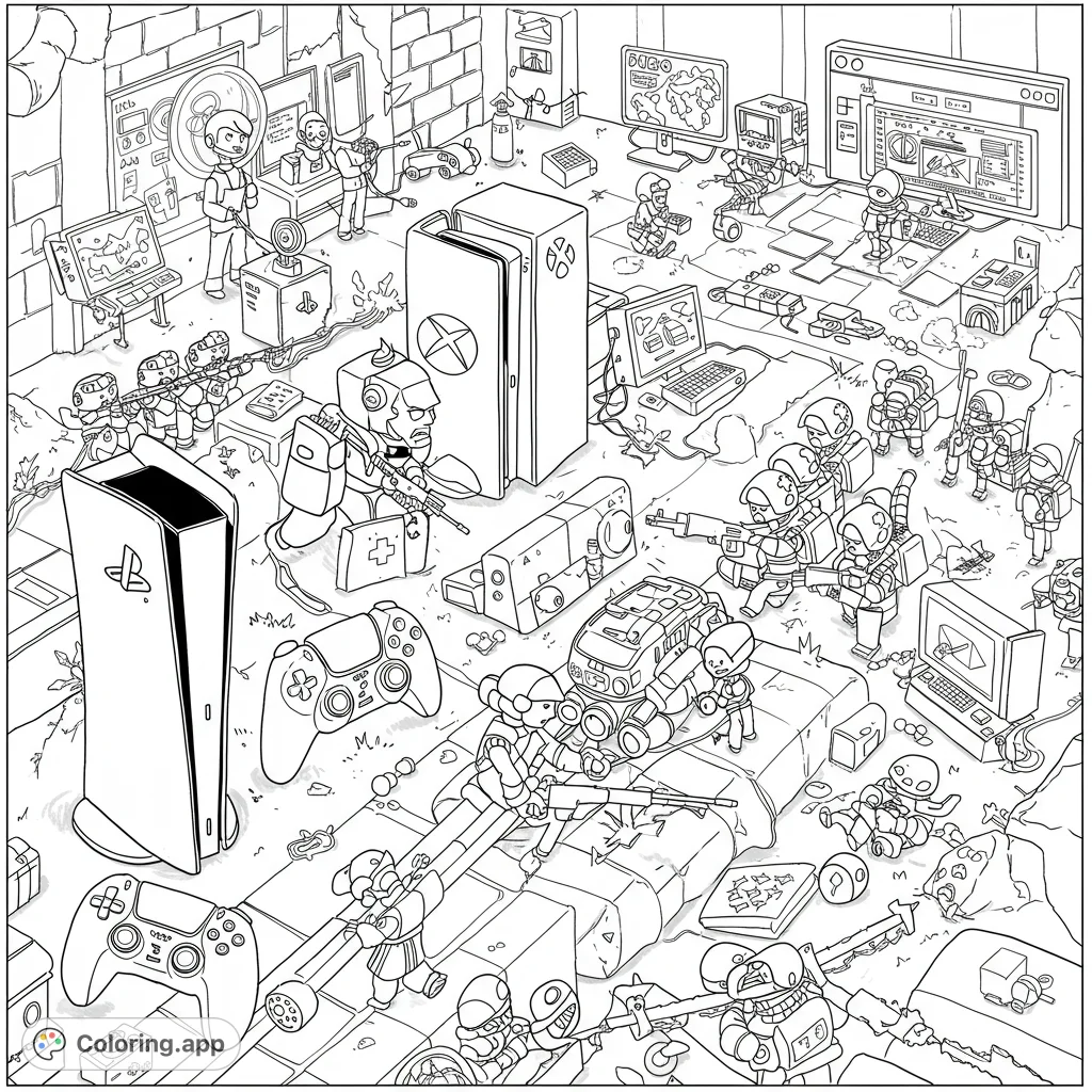 An action-packed gaming console battle scene with tiny warriors, robots, and tech gadgets. A free printable tech war coloring page for all ages.