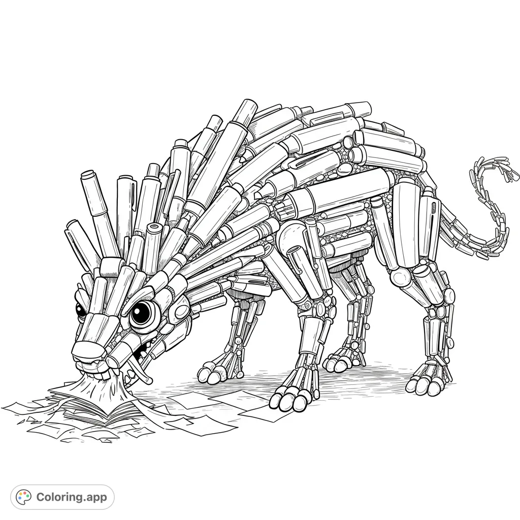 A unique pen monster coloring page, intricately detailed, devouring books and paper. A free printable coloring page for creative minds.