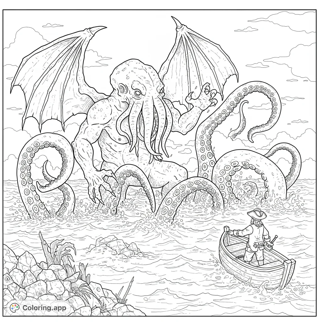 Epic Cthulhu coloring page featuring the colossal sea monster emerging from the ocean, confronting a lone pirate in a rowboat. A thrilling fantasy scene.