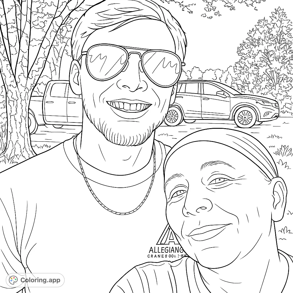 A joyful outdoor scene featuring two smiling individuals and vehicles, perfect for a personalized free printable coloring page experience.