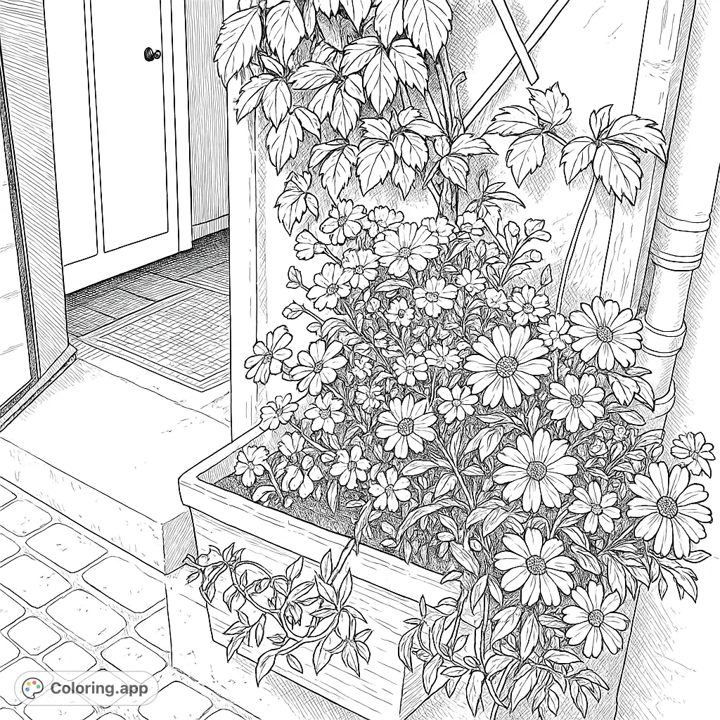 A delightful floral scene featuring a brimming flower box with daisy-like blooms by a charming doorway, perfect for a relaxing nature coloring page.