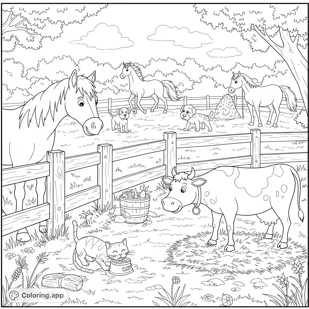 A charming farm scene coloring page featuring a horse, cow, cat, puppies, and more. Perfect for animal lovers to bring to life with vibrant colors!