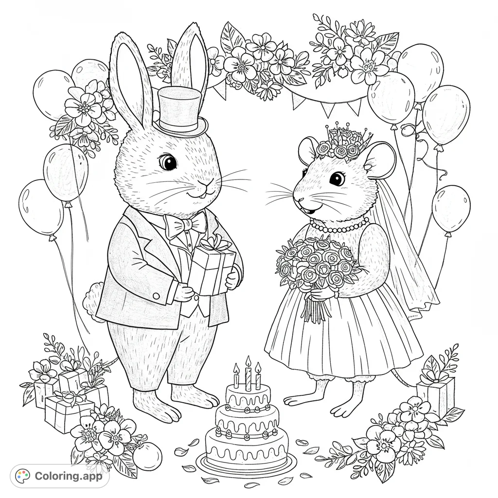An adorable bunny and mouse wedding scene with a tiered cake, gifts, and a floral arch. A charming celebration free printable coloring page for all ages.