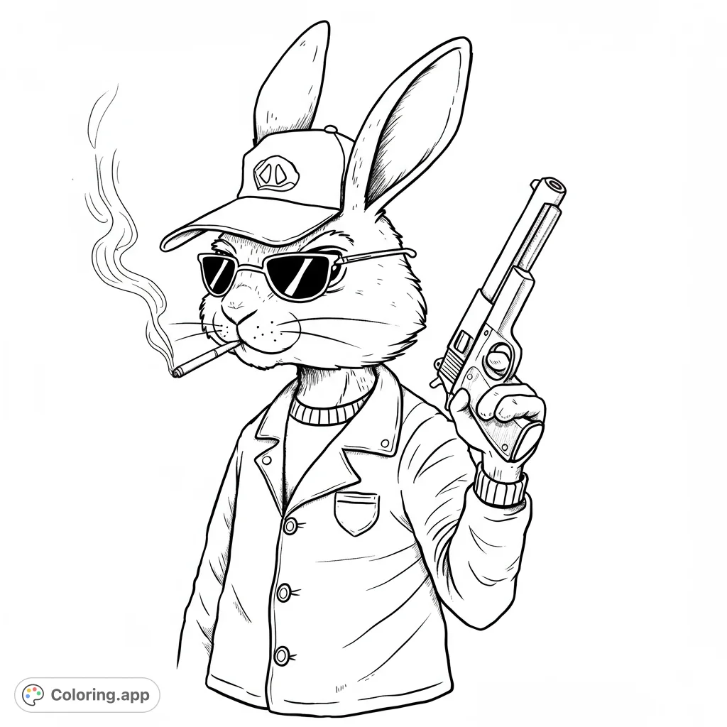 A cool rabbit in sunglasses and a jacket, holding a pistol and smoking. A unique, free printable cool rabbit coloring page for adults.