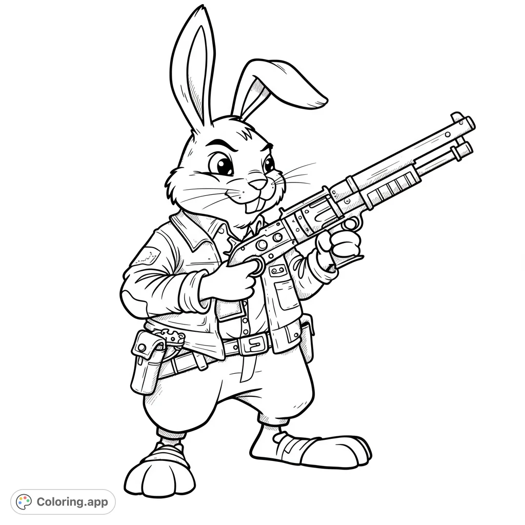 An action-packed tactical rabbit coloring page featuring a determined bunny in military gear holding a detailed shotgun. Perfect for adventure fans!