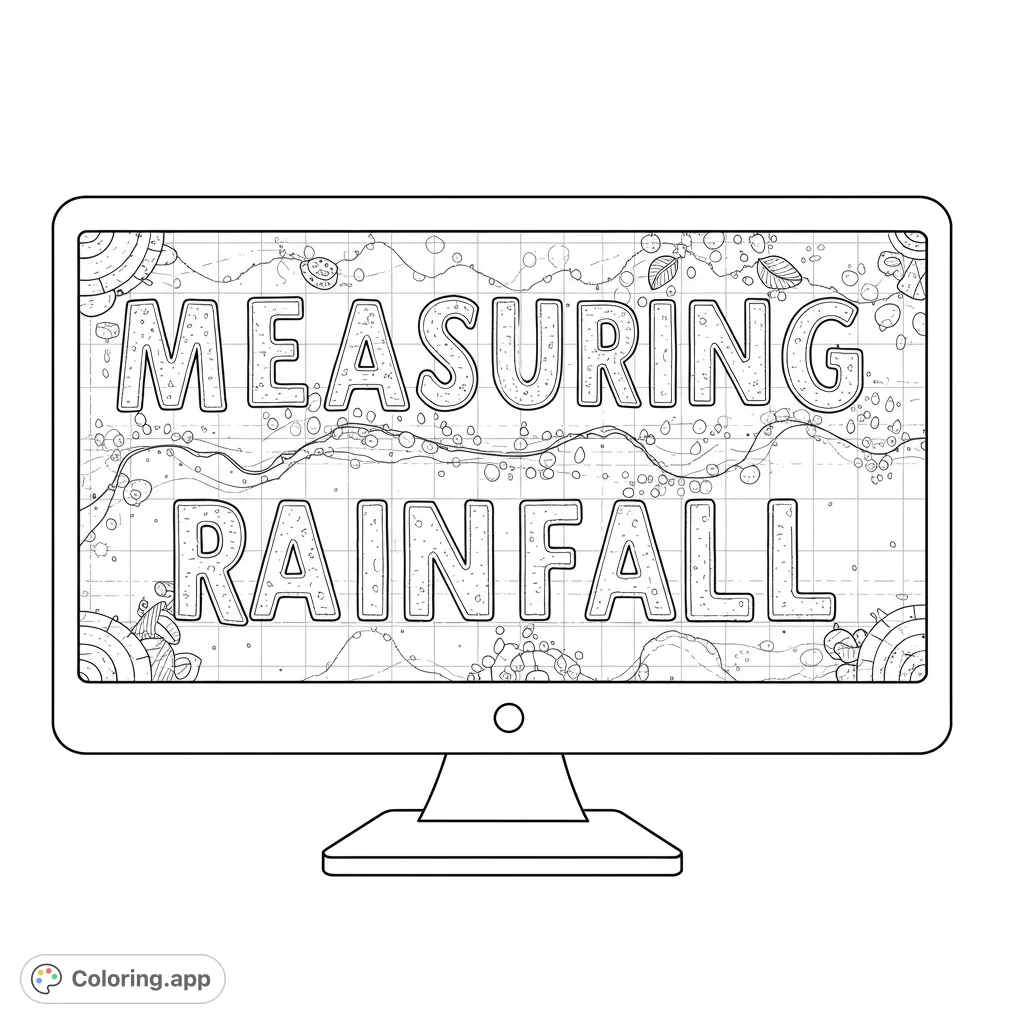 Explore a science education coloring page featuring a computer monitor displaying 'MEASURING RAINFALL' over a data graph with rain elements. Free printable.