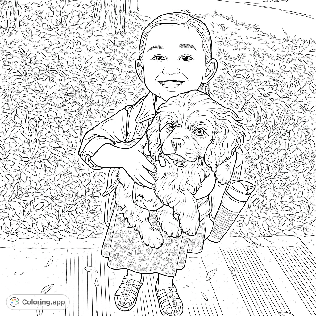 A heartwarming free printable coloring page featuring a smiling girl gently holding her fluffy puppy, set against a detailed natural background. Perfect for kids!