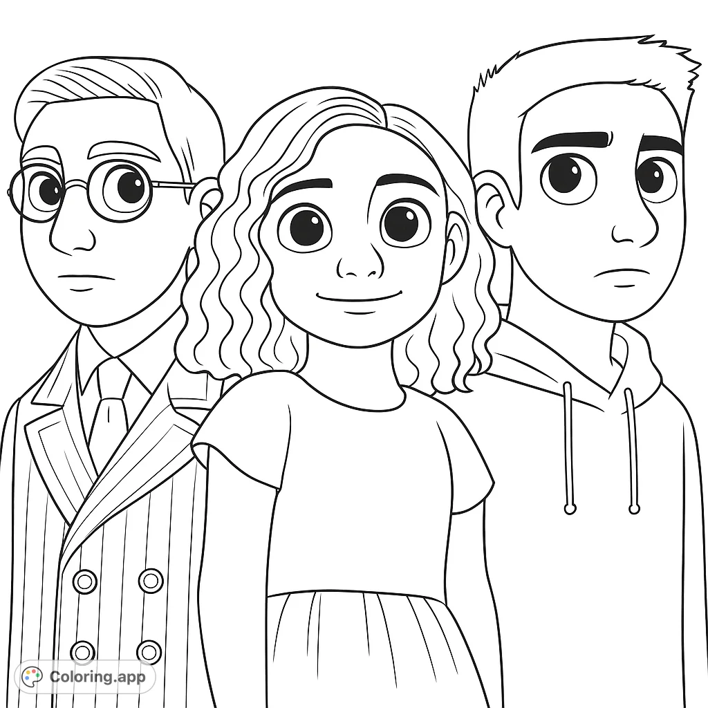 A charming group portrait featuring a smiling girl, a serious man in glasses, and a thoughtful boy, perfect for a free printable coloring page.