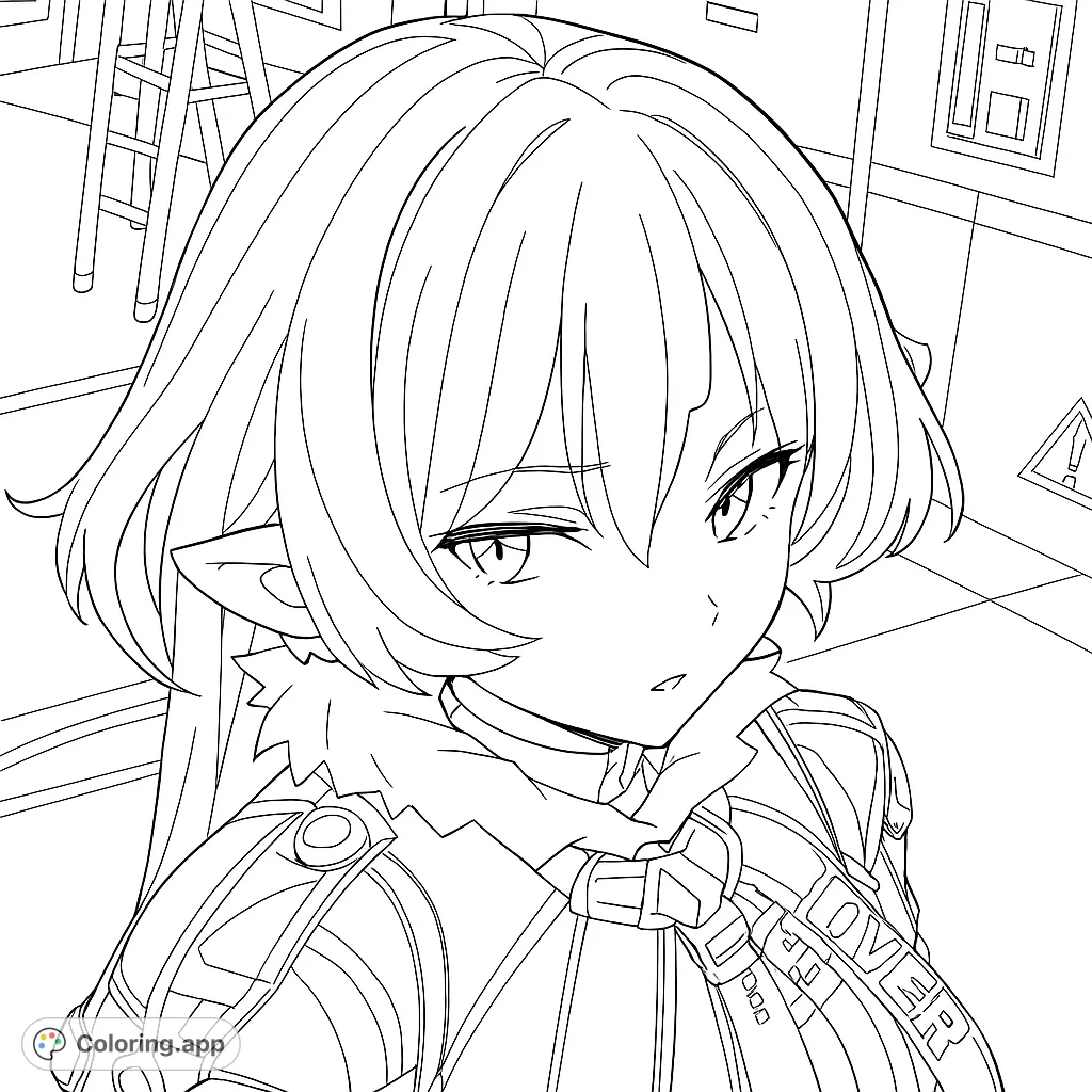 An intriguing anime elf character with pointed ears and detailed attire, set against a futuristic backdrop. Perfect for anime fans and fantasy enthusiasts.