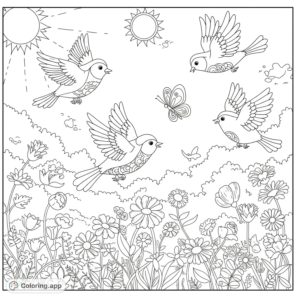 A delightful spring meadow coloring page featuring four flying birds, a butterfly, and a vibrant field of diverse flowers under two suns. Free printable coloring page for kids and adults.