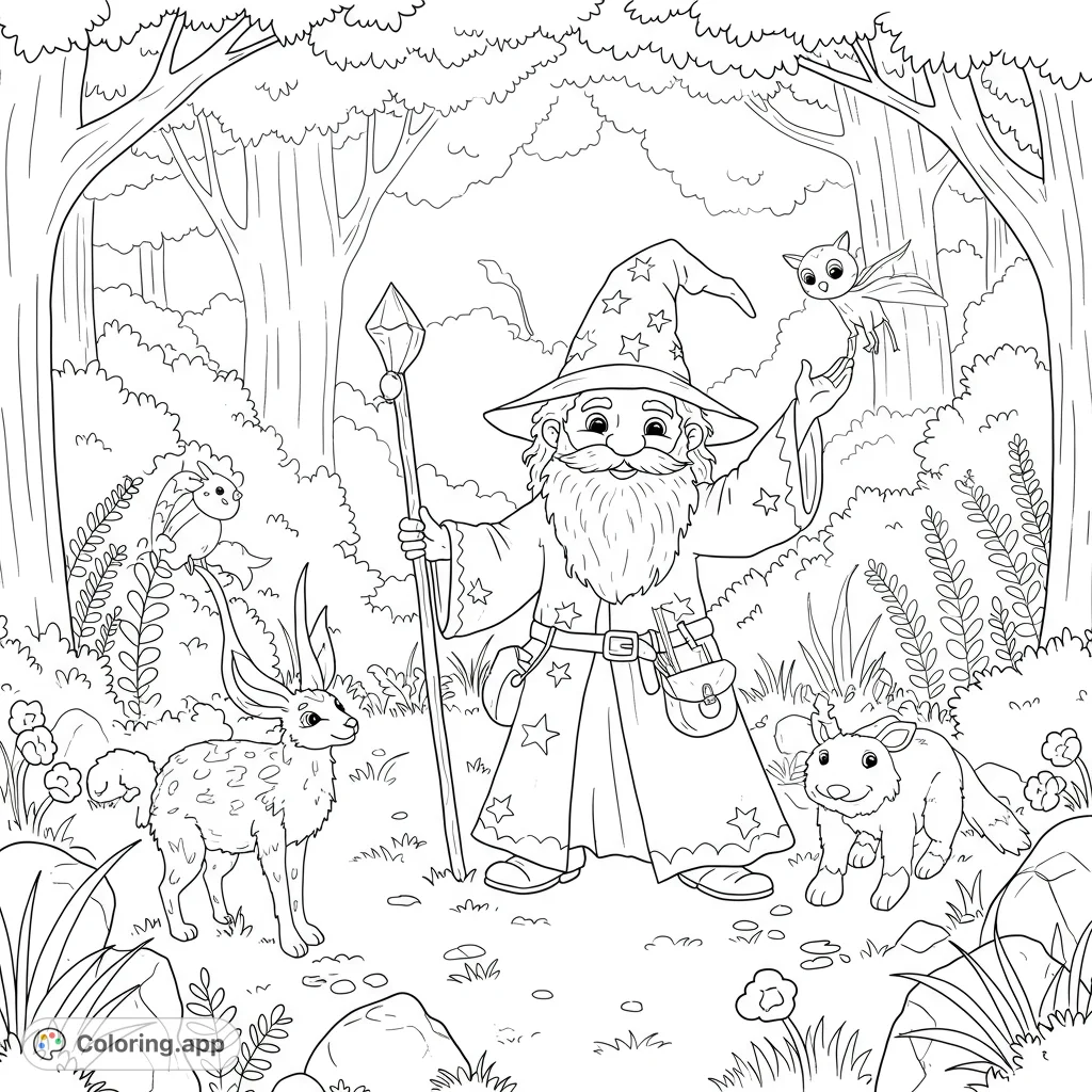 A friendly wizard with his magical staff and forest friends, including a jackalope and a winged creature, in an enchanted woodland scene.