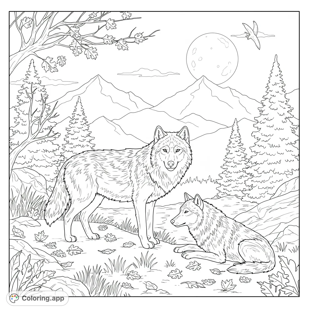 Two majestic wolves in a serene mountain forest under a full moon. A detailed nature scene perfect for a relaxing coloring experience.