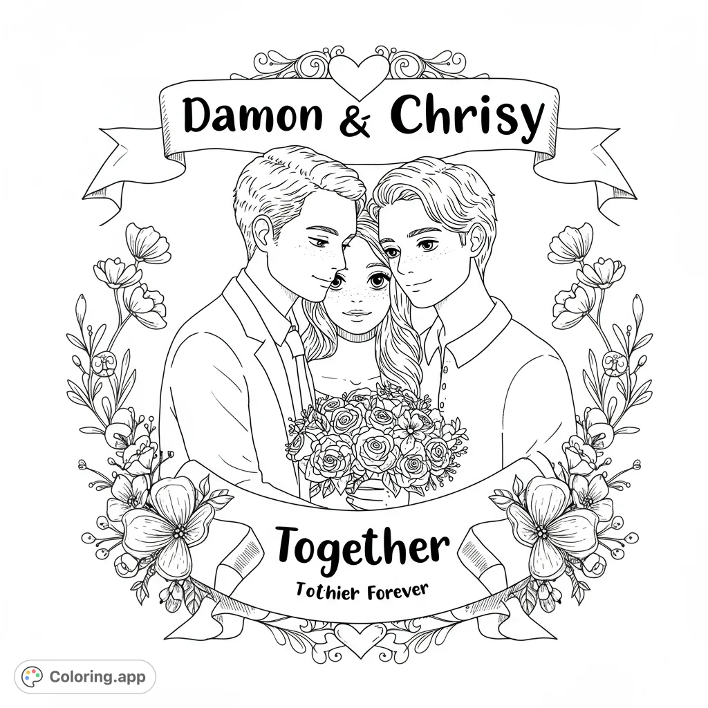 A heartwarming trio portrait surrounded by intricate floral designs and decorative banners, perfect for a personalized touch.