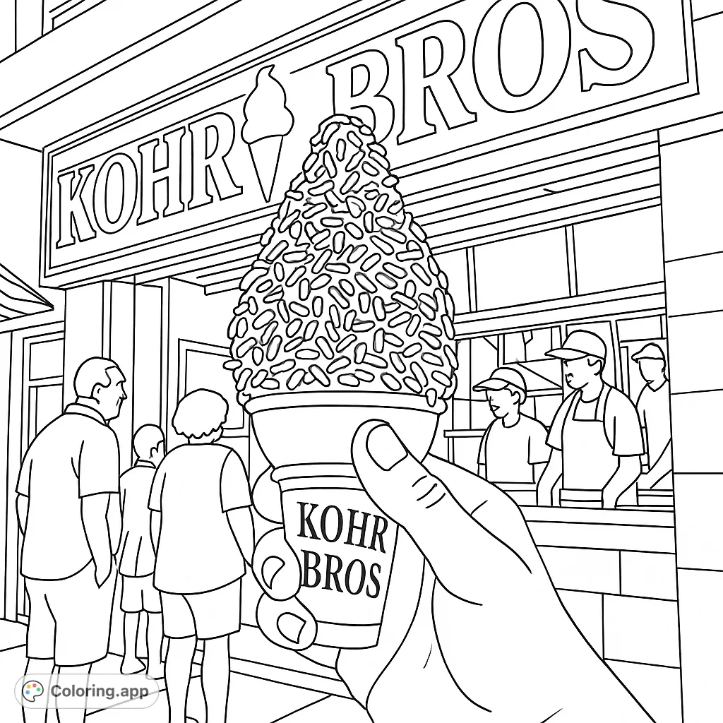 A hand holds a delicious sprinkle-covered ice cream cone in front of a bustling ice cream shop, perfect for a sweet summer coloring experience.