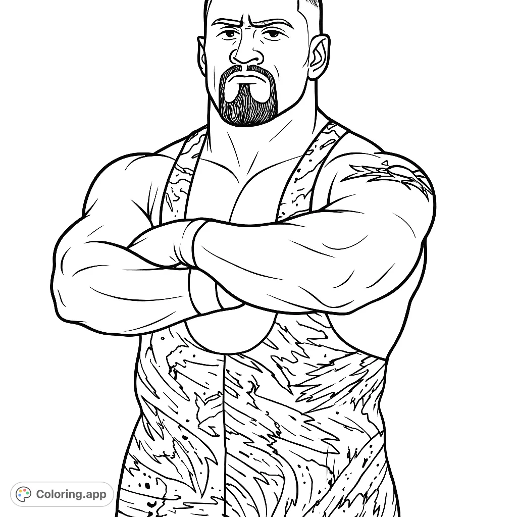 A powerful wrestler with crossed arms and a stern expression, wearing a patterned singlet. A dynamic free printable wrestler coloring page for all ages.