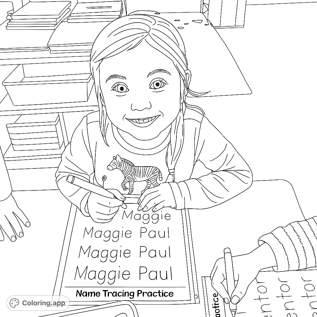 A cheerful girl practices writing at her desk, featuring a cute zebra shirt. Perfect for young learners to color and inspire creativity.
