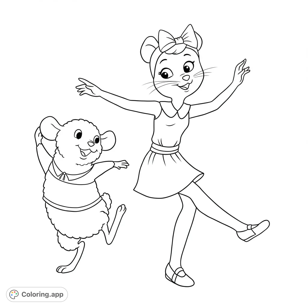 A delightful dancing mouse and fluffy lamb bring joy to this free printable animal ballet coloring page, perfect for kids and adults.