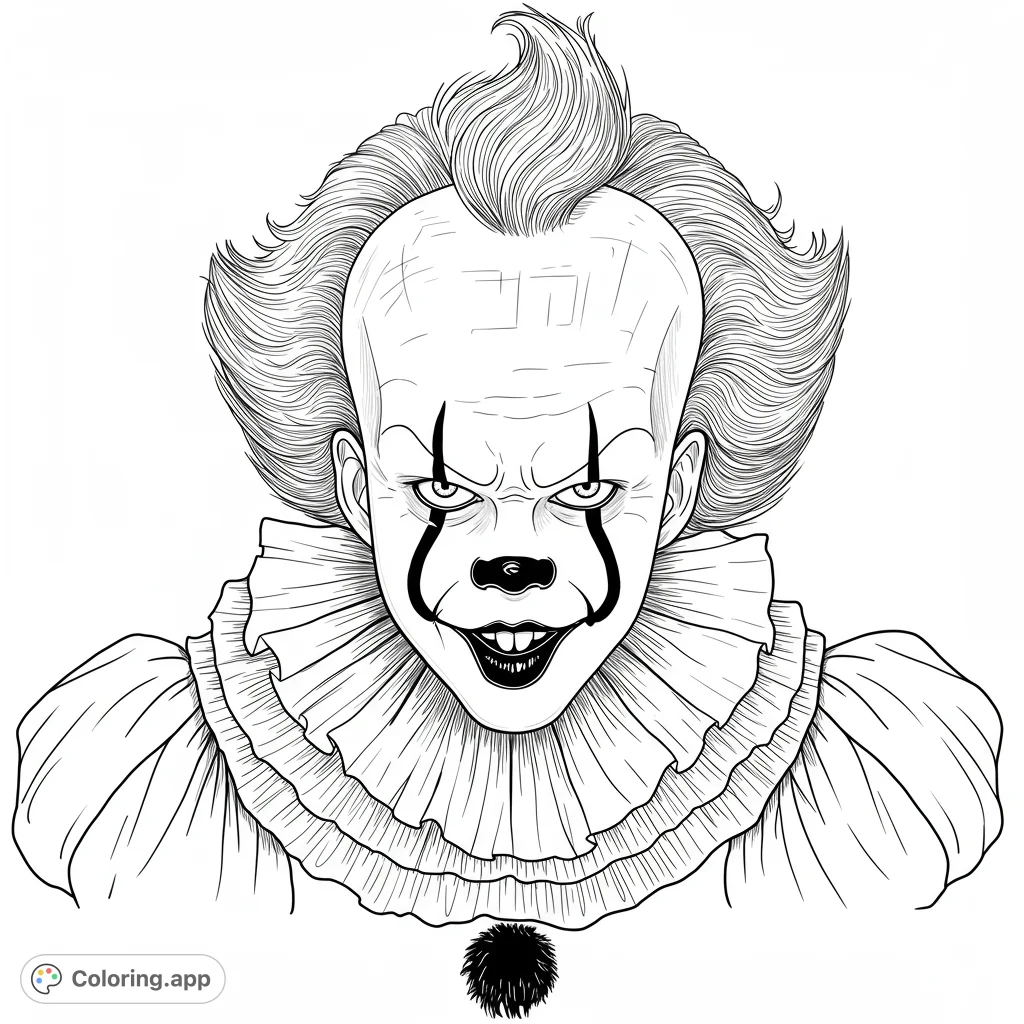 Unsettling creepy clown coloring page with a menacing grin and ruffled collar. A free printable horror coloring page for adults and teens.
