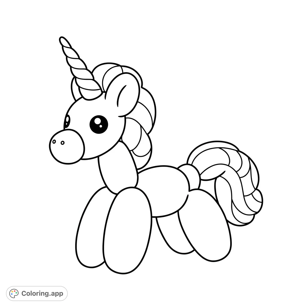 An adorable balloon unicorn with a whimsical horn and flowing mane, perfect for a magical and fun coloring adventure. Free printable coloring page.