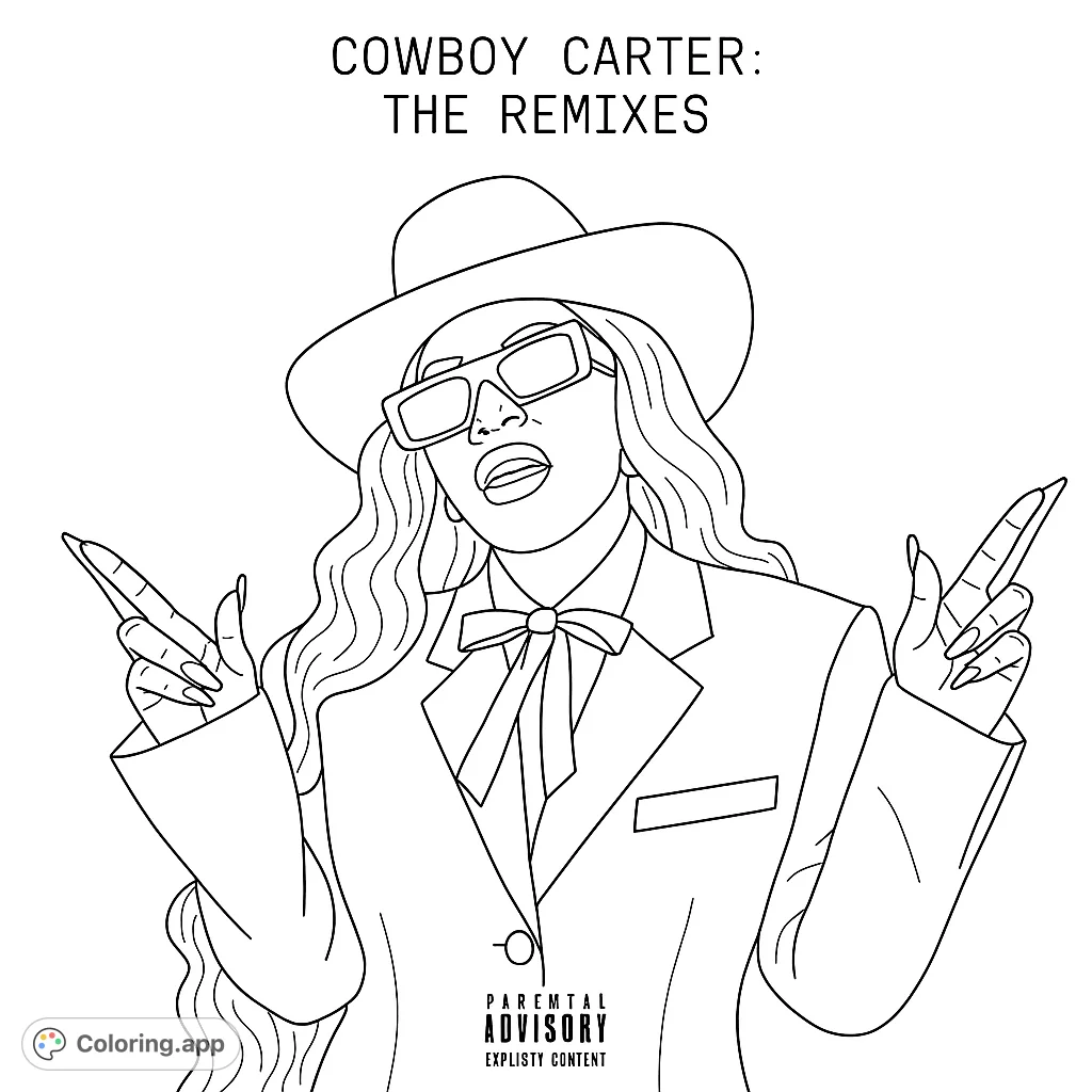 A confident woman in a cowboy hat, sunglasses, and suit, striking a pose. A free printable western chic coloring page for all ages.