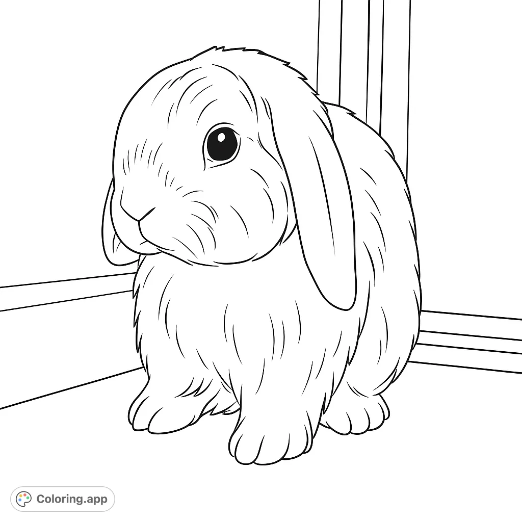 An adorable lop-eared bunny sits in a cozy corner, ready for vibrant colors. A charming free printable rabbit coloring page for all ages.