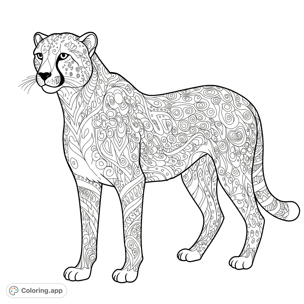 Discover a stunning cheetah coloring page featuring intricate, abstract patterns across its entire body. A free printable design for all ages.