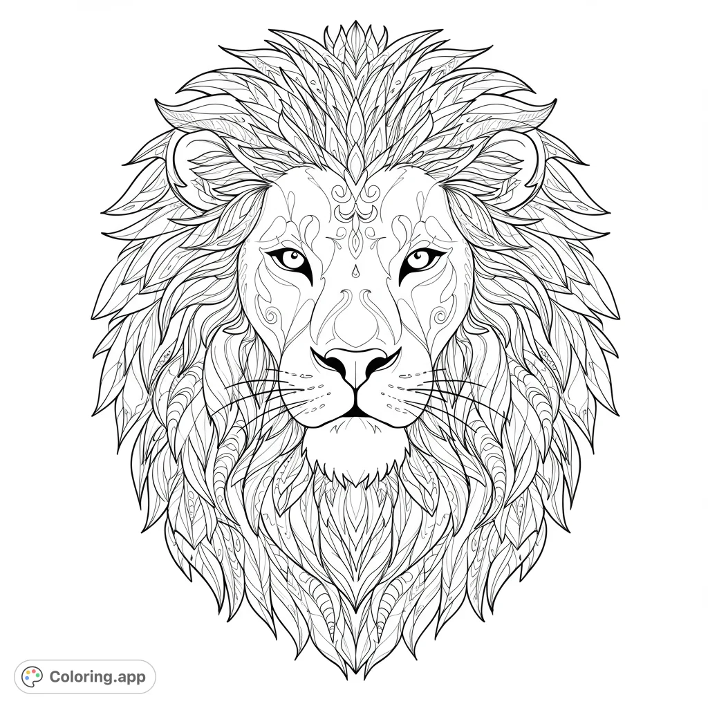 A stunning intricate lion head coloring page featuring a majestic mane filled with detailed leaf-like patterns, perfect for mindful coloring and creative expression.