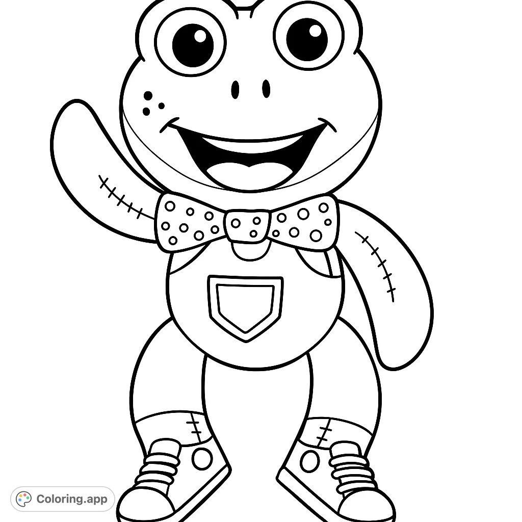 A cheerful cartoon frog in overalls and a polka-dotted bow tie, waving hello. A free printable frog coloring page for kids and adults.