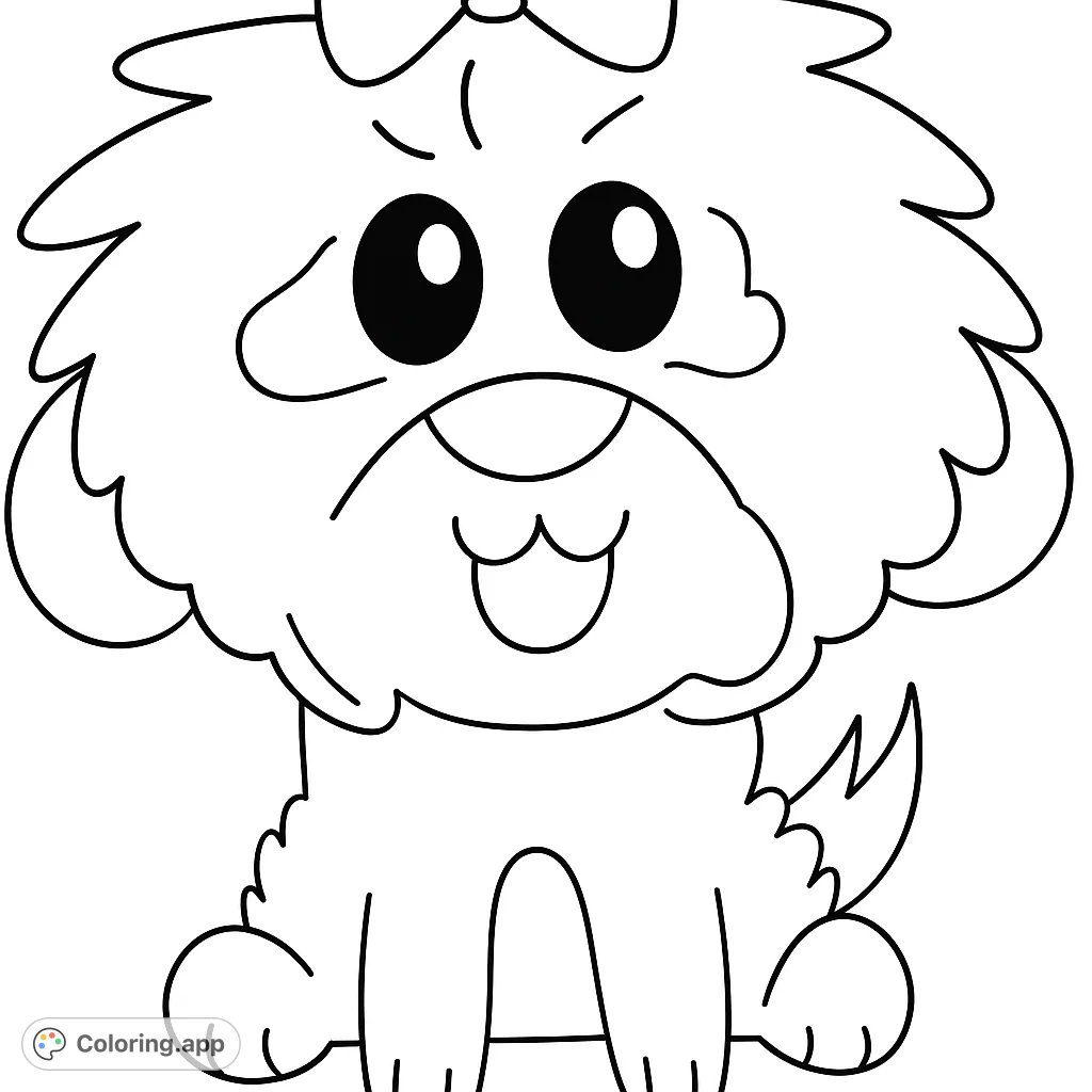 An adorable fluffy puppy with a cute bow on its head, perfect for a fun and easy coloring experience. A delightful free printable coloring page.