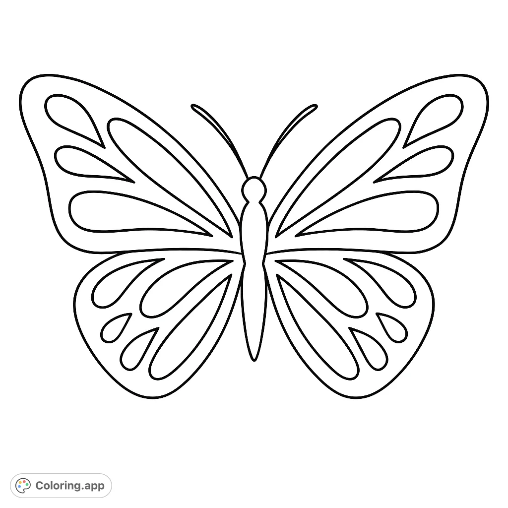 A beautiful butterfly coloring page featuring a symmetrical design with intricate wing patterns, perfect for all ages to enjoy and personalize.