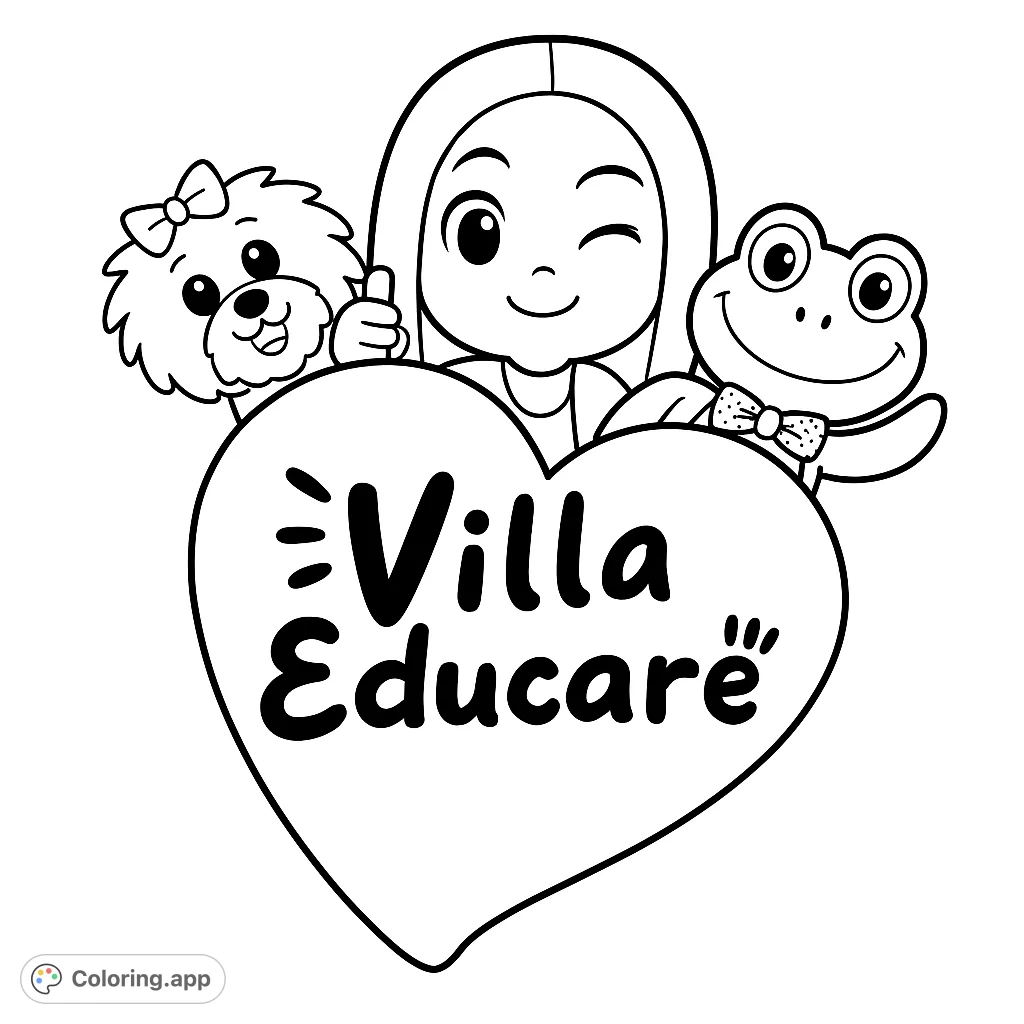 A delightful coloring page featuring a winking girl, fluffy dog, and friendly frog peeking over a large heart, perfect for kids and fun coloring.